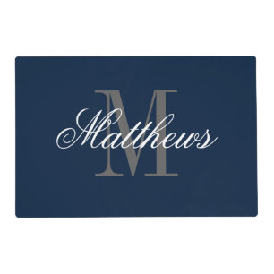 Navy blue & maroon red custom monogram reversible placemat