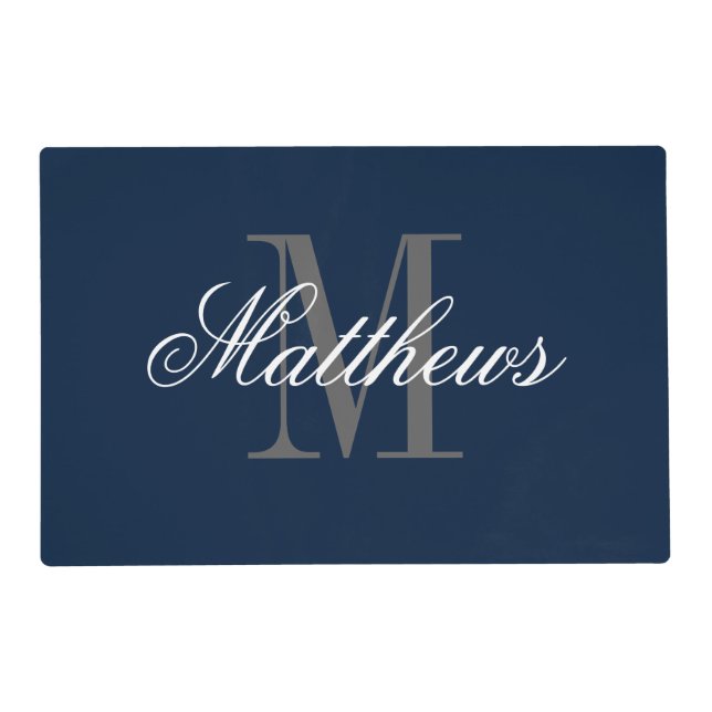 Navy blue & maroon red custom monogram reversible placemat (Front)