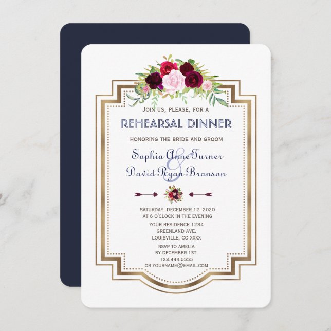 Navy Blue Marsala Floral Fall Rehearsal Dinner Invitation (Front/Back)