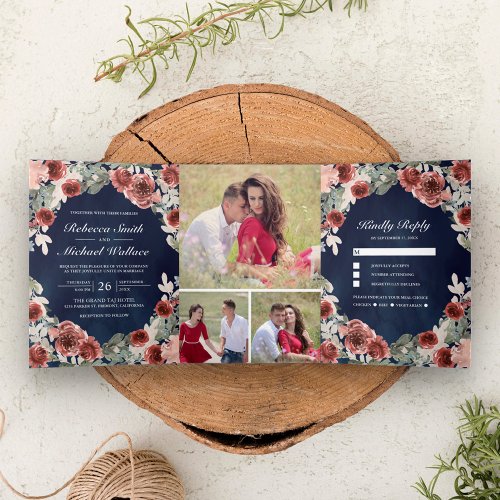 Navy Blue Marsala Floral Photo Collage Wedding Tri_Fold Invitation