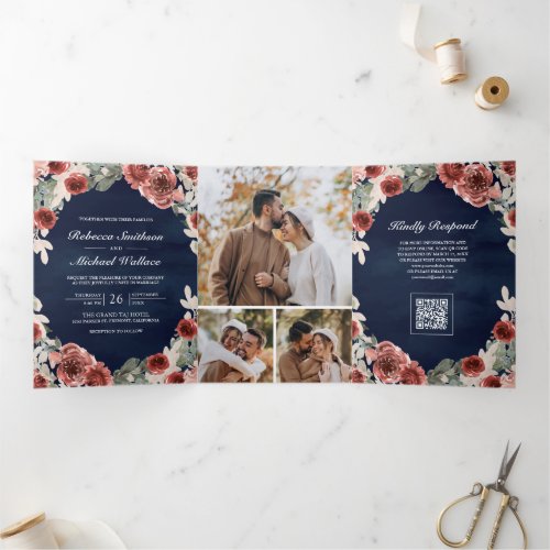 Navy Blue Marsala Floral Photo QR Code Wedding Tri-Fold Invitation