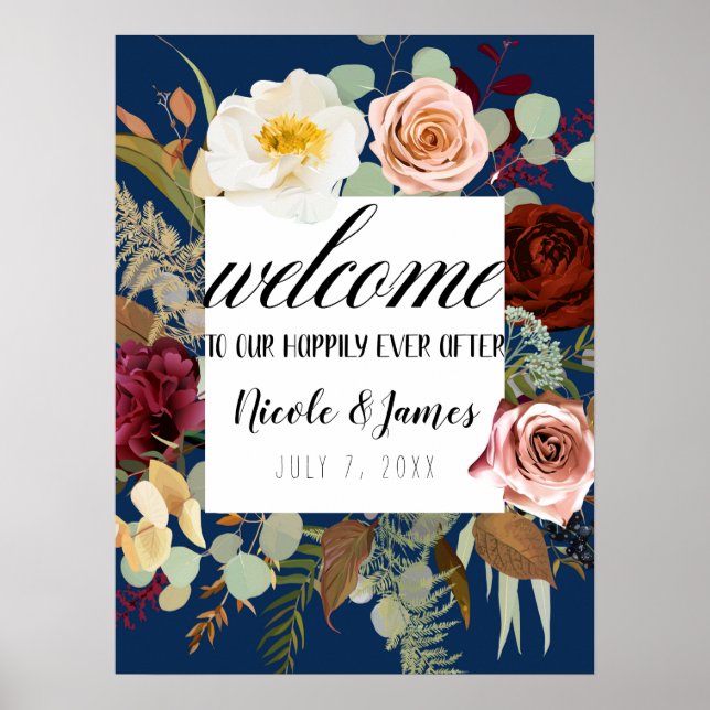 Navy Blue Marsala Pink Rustic Floral Bloom Wedding Poster (Front)