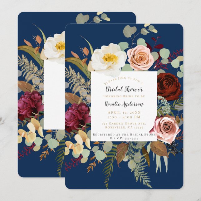 Navy Blue Marsala Pink Rustic Floral Bridal Shower Invitation (Front/Back)