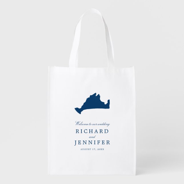 Navy Blue Marthas Vineyard Map Wedding Grocery Bag (Front)