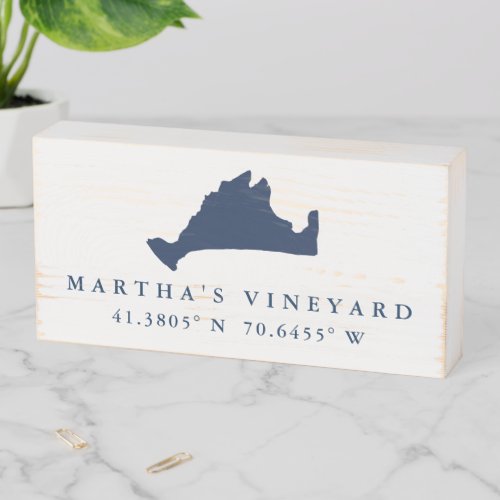 Navy Blue Marthas Vineyard Map with Coordinates Wooden Box Sign