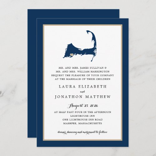Navy Blue Mashpee Cape Cod Map Gold Heart Wedding Invitation