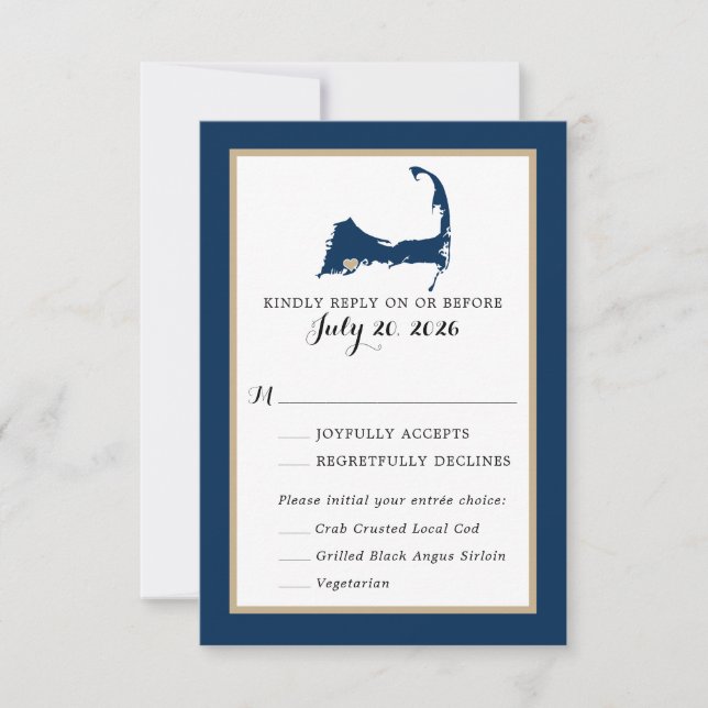 Navy Blue Mashpee Cape Cod Map Wedding RSVP menu (Front)