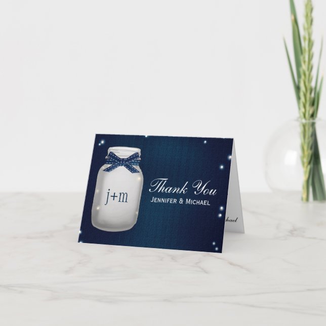 Navy Blue Mason Jar Fireflies Wedding Thank You (Front)