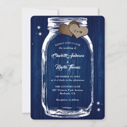 Navy Blue Mason Jar Hearts Barn Wood Wedding Invitation