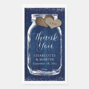 Navy Blue Mason Jar Rustic Wood Thank You Wedding Paper Guest Towels