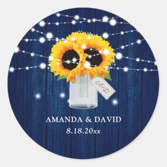 Navy Blue Mason Jar Sunflower Wedding Stickers