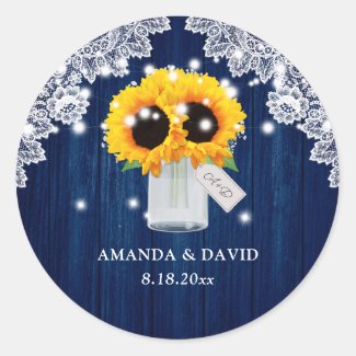 Navy Blue Mason Jar Sunflower Wedding Stickers