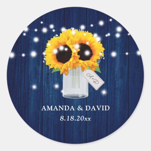 Navy Blue Mason Jar Sunflower Wedding Stickers