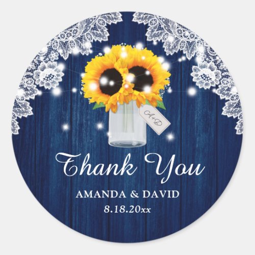 Navy Blue Mason Jar Sunflower Wedding Thank You Classic Round Sticker