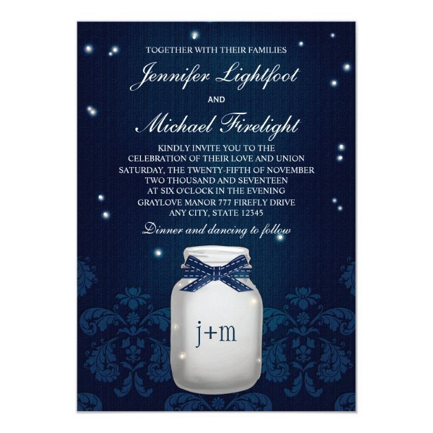 Navy Blue Mason Jar With Fireflies Wedding Invitation