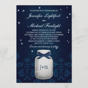 Navy Blue Mason Jar with Fireflies Wedding Invitation