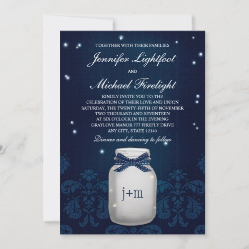 Navy Blue Mason Jar with Fireflies Wedding Personalized Announcement