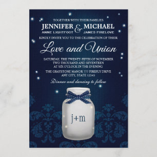 Navy Blue Mason Jar with Fireflies Wedding Invitation
