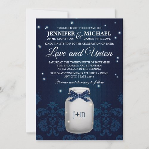 Navy Blue Mason Jar with Fireflies Wedding Custom Invites