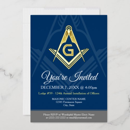 Navy Blue Masonic Freemason Real Gold Foil Invitation