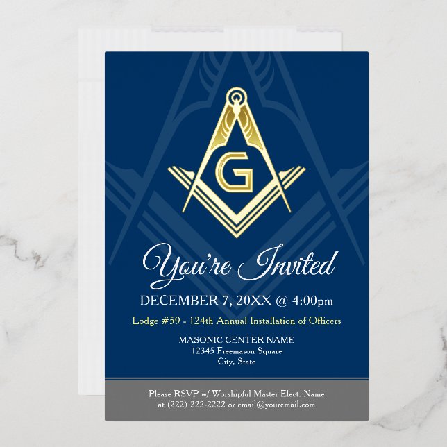 Navy Blue Masonic Freemason Real Gold Foil Invitation (Envelope)