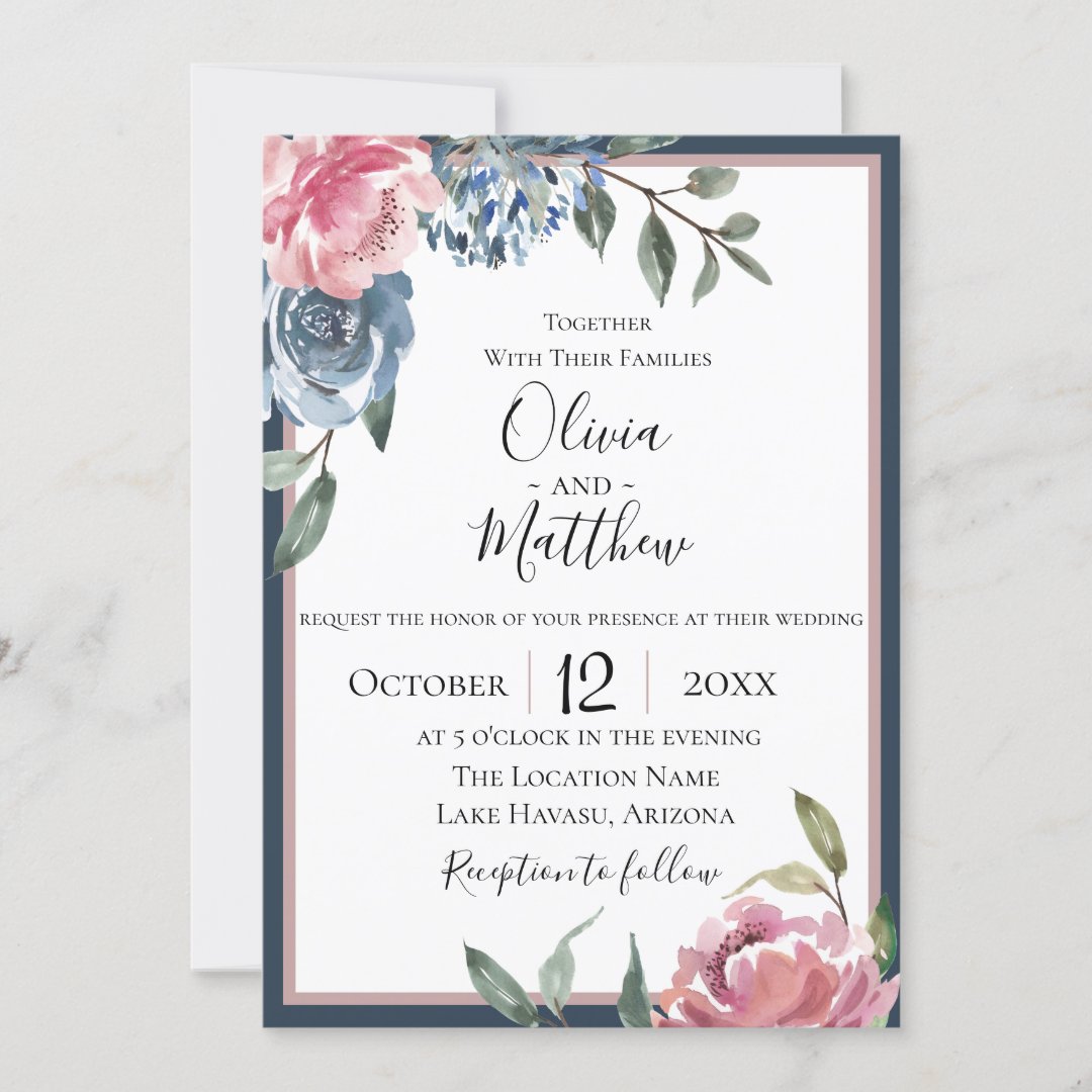 Navy Blue Mauve Botanical Wedding Invitation | Zazzle