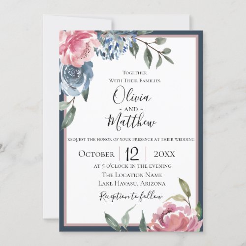 Navy Blue Mauve Botanical Wedding Invitation