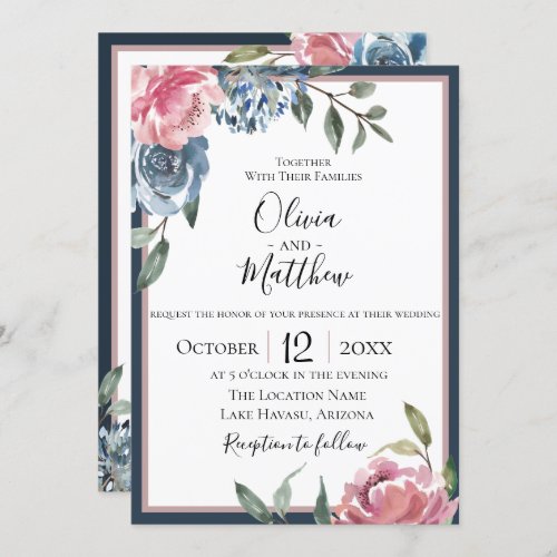 Navy Blue Mauve Botanicals Wedding Invitation