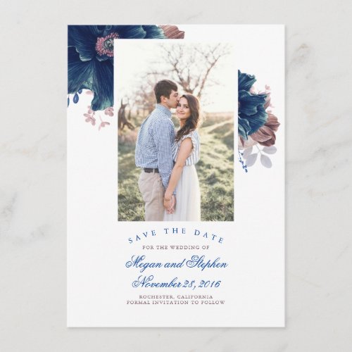 Navy Blue  Mauve Floral Photo Save the Date Card