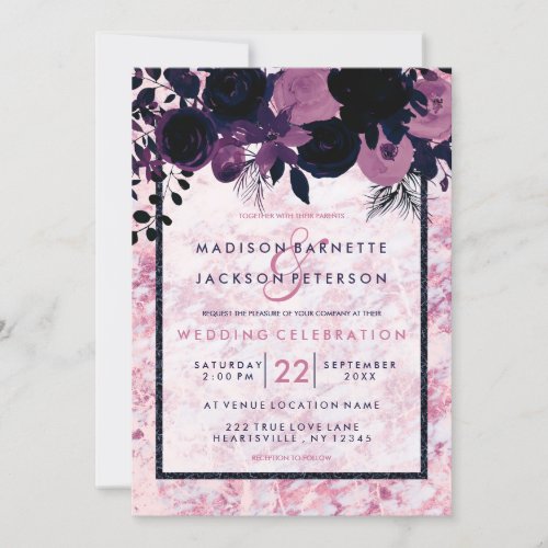 Navy Blue  Mauve Pink Marble Wedding Invitations