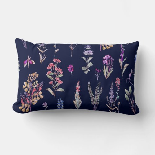 Navy Blue Meadow Watercolor  Lumbar Throw Pillow