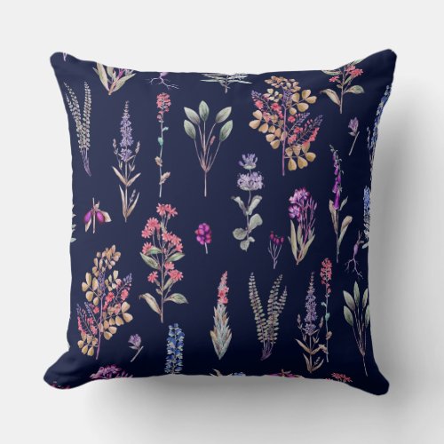 Navy Blue Meadow Watercolor  Pillow 20x20