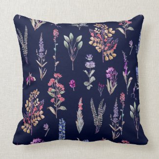 Navy Blue Meadow Watercolor Pillow 20x20