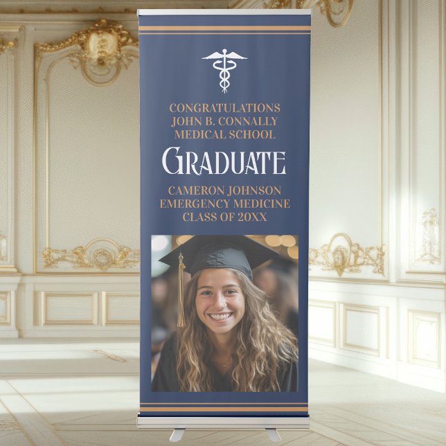 Navy Blue Medical School Photo Graduation Party Retractable Banner (Creator Uploaded)