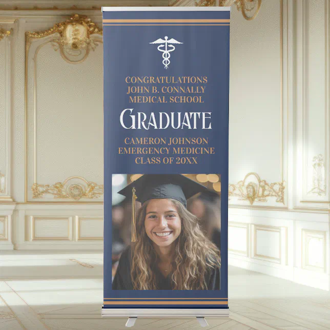 Navy Blue Medical School Photo Graduation Party Retractable Banner | Zazzle