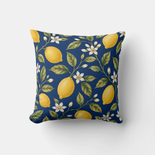 Navy Blue Mediterranean Lemon Blossom Cushion
