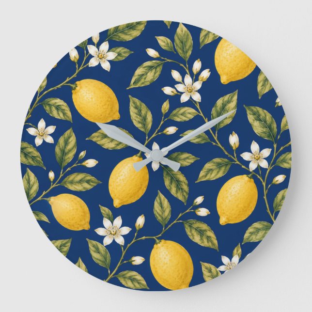 Navy Blue Mediterranean Lemon Wall Clock (Front)