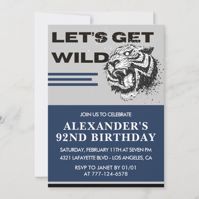 Navy Blue Men 92nd birthday invitations Tiger (Front)
