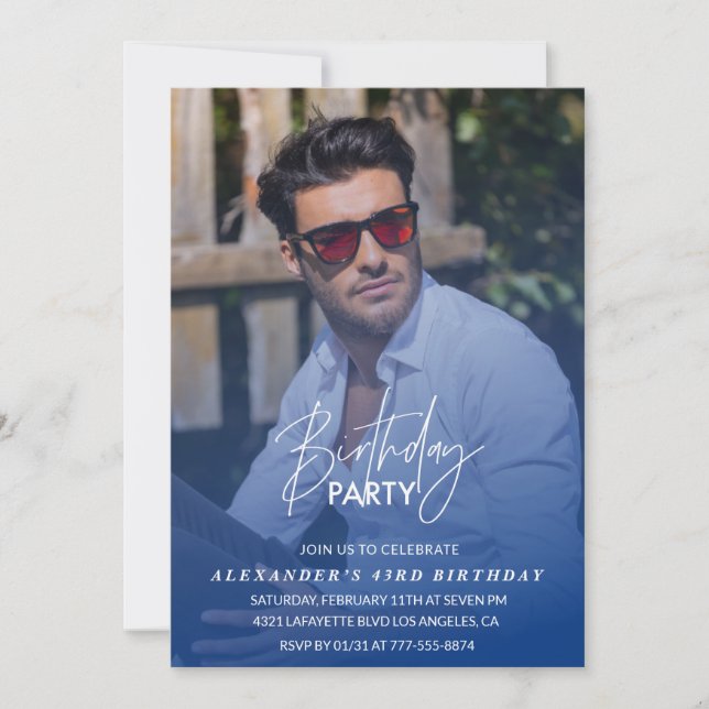  Navy blue Men Photo 43rd birthday party Invitation (Front)