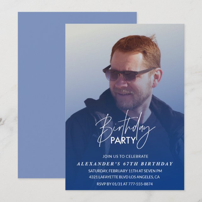 Navy blue Men Photo 67th birthday party Invitatio Invitation (Front/Back)
