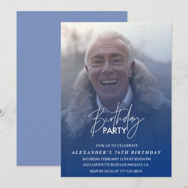 Navy blue Men Photo 76th birthday party Invitation (Front/Back)