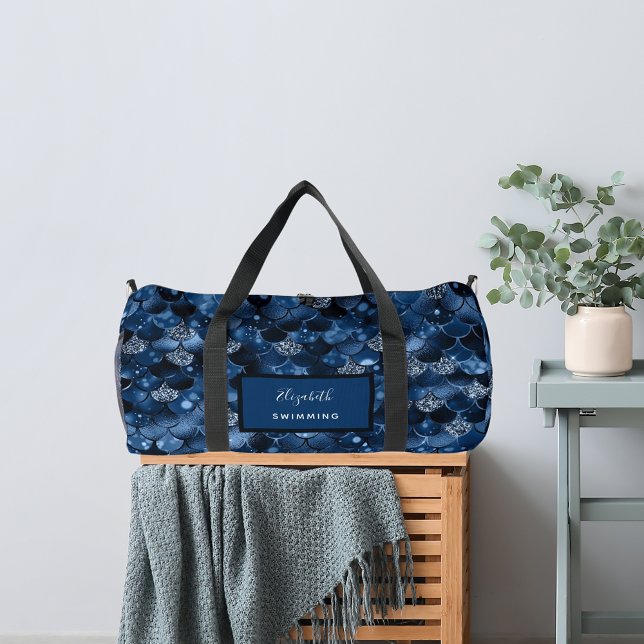 Navy blue mermaid scales name duffle bag (Creator Uploaded)