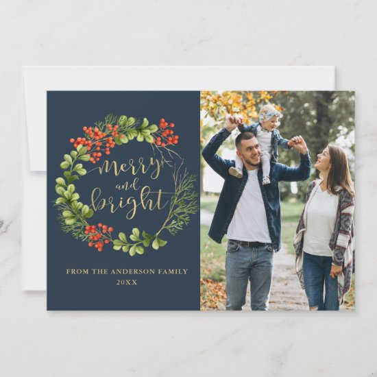 Navy Blue Merry Bright Greenery Holly Wreath Photo Holiday Card