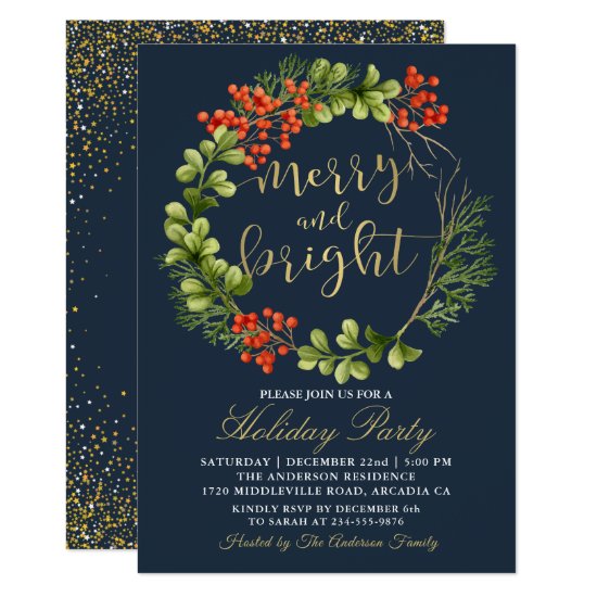 Navy Blue Merry Bright Holly Berries Holiday Party Invitation