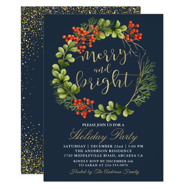 Navy Blue Merry Bright Holly Berries Holiday Party Invitation