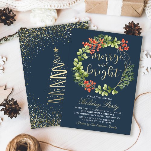 Navy Blue Merry Bright Holly Berries Holiday Party Invitation