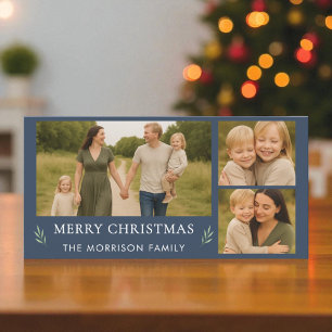 Navy Blue Merry Christmas 3 Photo Botanical  Holiday Card