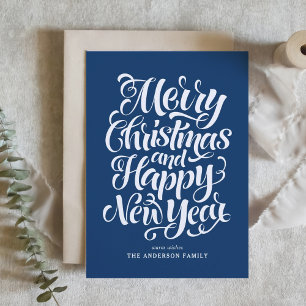 Navy Blue Merry Christmas and a Happy New Year Holiday Card