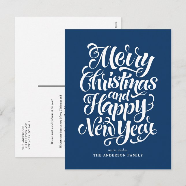 Navy Blue Merry Christmas and a Happy New Year Holiday Postcard (Front/Back)