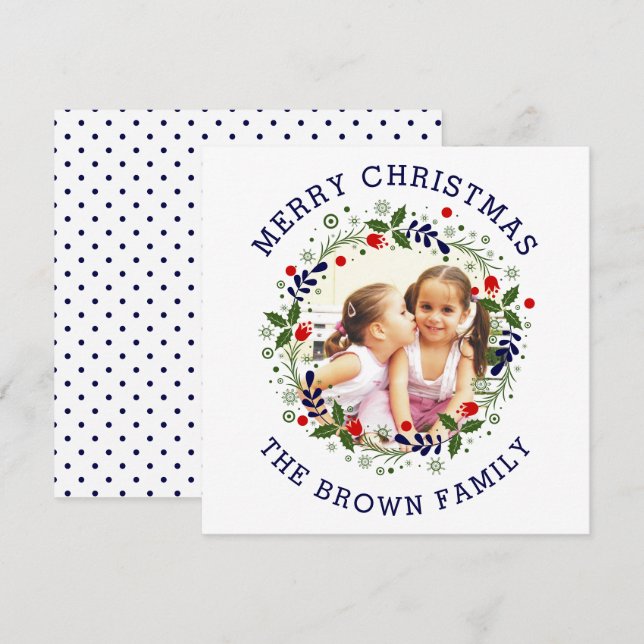 Navy blue Merry Christmas, floral wreath photo Holiday Card (Front/Back)